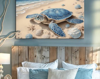 Sea Turtle Canvas Wall Art  | Coastal Beach Decor | Ocean-Inspired Artwork | Blue Turtle Painting | Nautical Wall Hanging | Sea Life Art