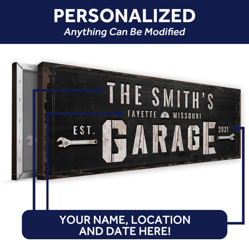 May include: Black and white sign with the text "The Smith's Garage" with the words "Est." and "2021" on either side of the word "Garage". The sign also includes the text "Fayette, Missouri".