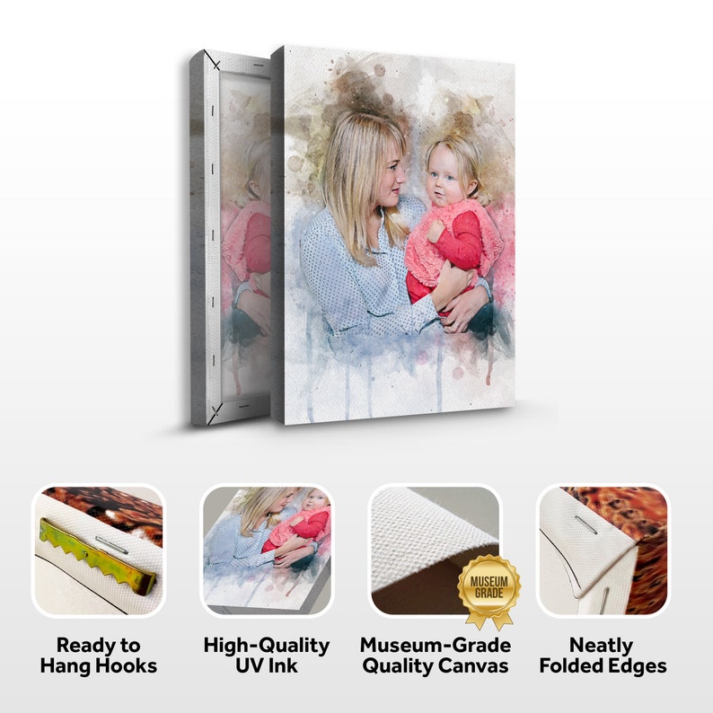 May include: A watercolor-style canvas print featuring a mother and daughter. The mother is holding the daughter in her arms. The print has a white background with a light brown watercolor effect. The print is ready to hang with sawtooth hangers.