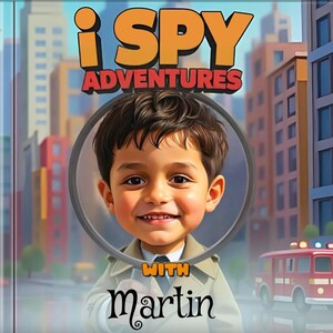 May include: An illustrated book cover with the title "i SPY ADVENTURES" in orange and red letters. A smiling boy is framed by a magnifying glass. The text "WITH Martin" is below the boy. A red fire truck is in the background.