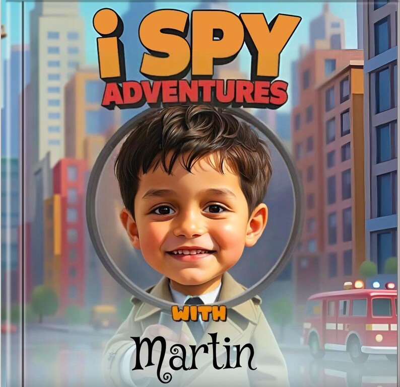 May include: An illustrated book cover with the title "i SPY ADVENTURES" in orange and red letters. A smiling boy is framed by a magnifying glass. The text "WITH Martin" is below the boy. A red fire truck is in the background.