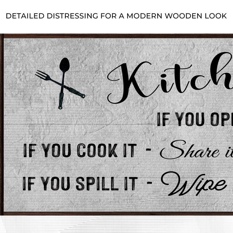 A Farmhouse Kitchen canvas sign with Kitchen rules on it on a distressed white wooden-inspired background.