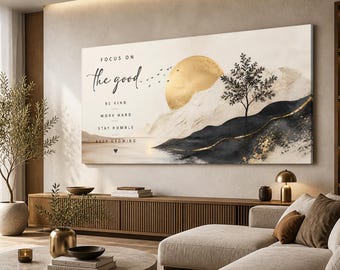 Focus on the Good Canvas Wall Art | Motivational Quote Print | Neutral Abstract Landscape | Modern Boho Home Decor Gift | Living Room Decor