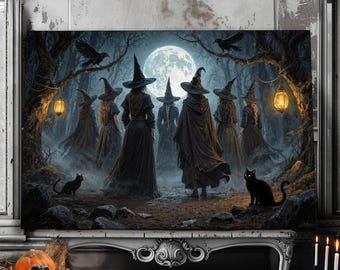 Coven of Witches Halloween Wall Art | Full Moon Gothic Witch Decor | Spooky Black Cat Art Print | Witchy Home Decor | Halloween Canvas Art