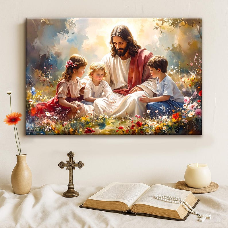 May include: A canvas print depicting a religious scene with a central figure surrounded by children in a vibrant garden setting. The artwork features soft colors, floral details, and a serene atmosphere. A cross, open book, and candle are in the foreground.