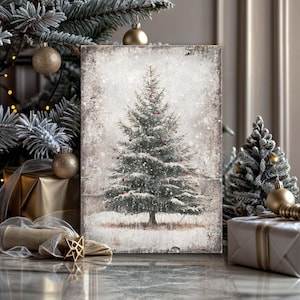 May include: A vintage-style Christmas tree print with a snowy background. The tree is green with red ornaments and is covered in white snow. The print has a distressed, aged look.