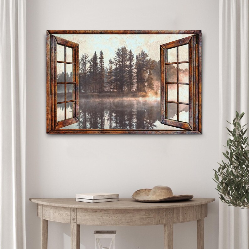 May include: A rustic wooden window frame with a view of a misty forest lake. The window is open and the scene is framed by the window's panes.