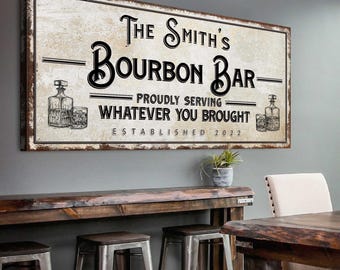 Bourbon Bar Signs | Man Cave Wall Art | Custom Bar Sign | Established Bar Sign | Personalized Family Name Bar | Home Canvas Bar Wall Decor