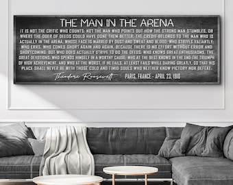 Man In The Arena Wall Art | Theodore Roosevelt Quote | Rustic Farmhouse Decor | Inspirational Canvas Sign | Motivational Wall Decor