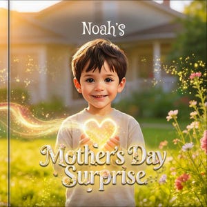 Peut inclure: Un jeune gar&ccedil;on tenant une lumi&egrave;re en forme de c&oelig;ur brillant, avec les mots "Noah's Mother's Day Surprise" en &eacute;criture &eacute;l&eacute;gante. L'image a une lueur douce et chaleureuse, avec un arri&egrave;re-plan de maison et de fleurs.