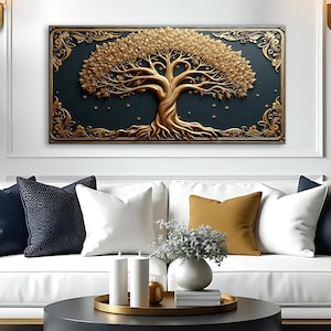 May include: A gold-colored tree sculpture with intricate details, set against a dark blue background. The tree has a thick trunk and branches with leaves, and its roots are visible at the base. The sculpture is framed with a decorative border.