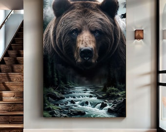Grizzly Bear Double Exposure Wall Art | Black and White Canvas Print | Majestic Grizzly Bear Wall Art | Modern Art | Gift for Wildlife Lover