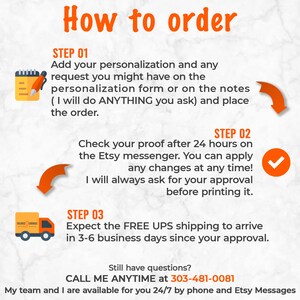 May include: A graphic with three steps on how to order a custom canvas print. The steps include adding personalization, checking a proof, and free UPS shipping. The graphic also includes a phone number to call for questions: 303-481-0081.