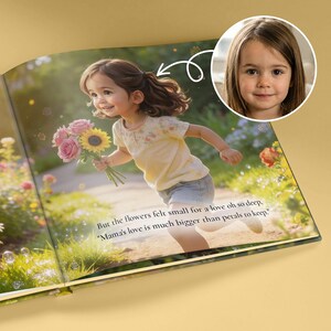 Peut inclure: Page d'un livre pour enfants avec une fillette courant avec un bouquet de roses roses et un tournesol. La fille porte une chemise jaune et un short en jean. Le texte dit : &laquo; Mais les fleurs semblaient petites pour un amour si profond, l'amour de maman est bien plus grand que les p&eacute;tales &agrave; garder. &raquo;