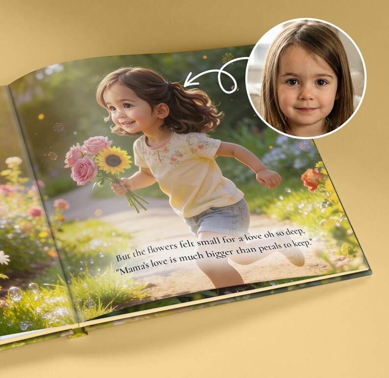 Peut inclure: Page d'un livre pour enfants avec une fillette courant avec un bouquet de roses roses et un tournesol. La fille porte une chemise jaune et un short en jean. Le texte dit : &laquo; Mais les fleurs semblaient petites pour un amour si profond, l'amour de maman est bien plus grand que les p&eacute;tales &agrave; garder. &raquo;