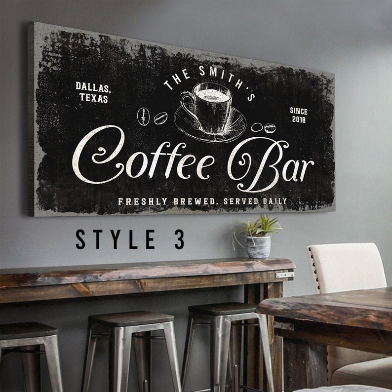 Coffee Bar Kitchen Cafe décor of personalized print labels with stenciled rustic white coffee cup and beans embellishments on a vintage black canvas.