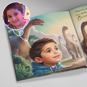 May include: A children's book illustration featuring a young boy gazing upwards at a group of dinosaurs. The artwork is colorful, with a focus on the boy and the prehistoric creatures. The book's pages are open, revealing the story.