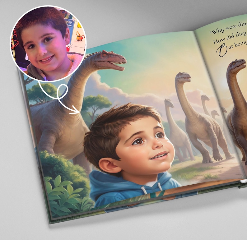 May include: A children's book illustration featuring a young boy gazing upwards at a group of dinosaurs. The artwork is colorful, with a focus on the boy and the prehistoric creatures. The book's pages are open, revealing the story.