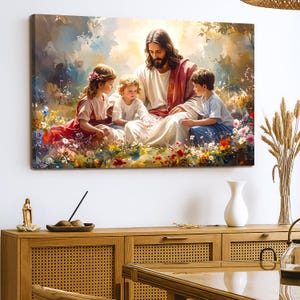 May include: A canvas print depicts a serene scene of a figure in white and red robes surrounded by three children in a vibrant garden. The artwork features soft colors, with a focus on the central figures and the surrounding flowers.