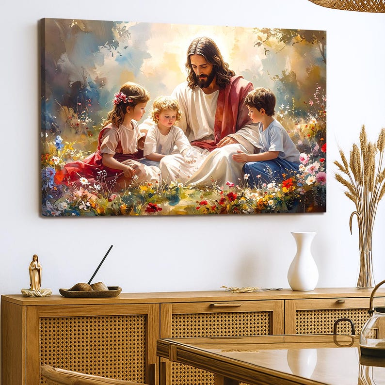 May include: A canvas print depicts a serene scene of a figure in white and red robes surrounded by three children in a vibrant garden. The artwork features soft colors, with a focus on the central figures and the surrounding flowers.