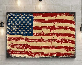 American Flag Canvas Wall Art | 4th Of July Decorations | Rustic American Flag Canvas Decor | Gift for Veterans | Living Room Sign Decor