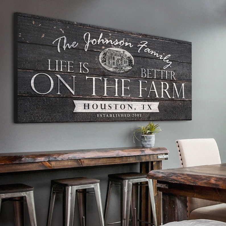 Life is Better on the Farm wall sign of stenciled white farmhouse décor with a personalized farm name on a rustic ebony wood canvas.