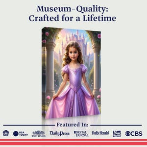 May include: A young girl in a purple dress stands in front of a castle. She is surrounded by pink flowers and a stone archway. The castle is in the background and is surrounded by clouds. The image is a painting.