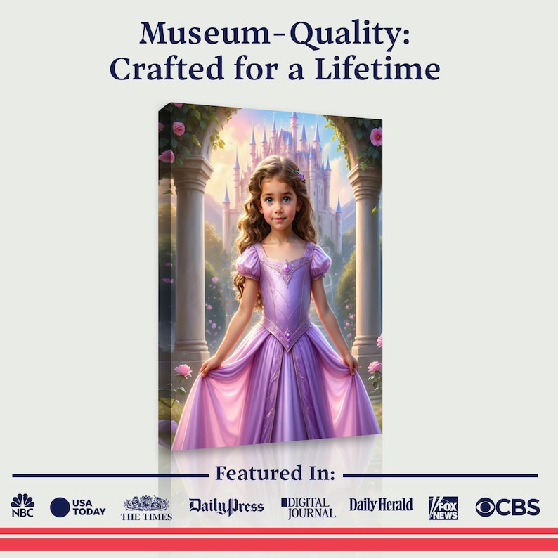 May include: A young girl in a purple dress stands in front of a castle. She is surrounded by pink flowers and a stone archway. The castle is in the background and is surrounded by clouds. The image is a painting.