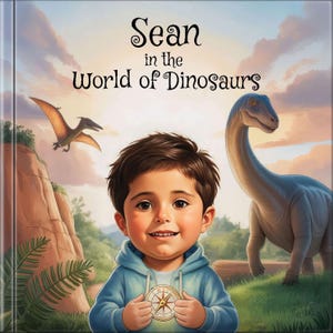 May include: A children's book cover featuring a young boy holding a compass, with the title "Sean in the World of Dinosaurs." The background includes a Pterodactyl, a Brachiosaurus, and a scenic landscape with a sunset.