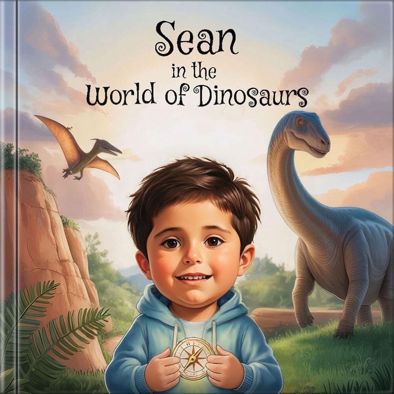 May include: A children's book cover featuring a young boy holding a compass, with the title "Sean in the World of Dinosaurs." The background includes a Pterodactyl, a Brachiosaurus, and a scenic landscape with a sunset.