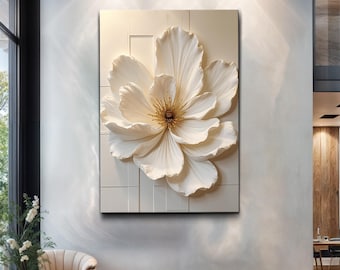 May include: A large, off-white floral wall art piece. The artwork features a detailed, three-dimensional depiction of a flower with multiple layered petals and a golden center. The flower is mounted on a rectangular, grid-patterned background.