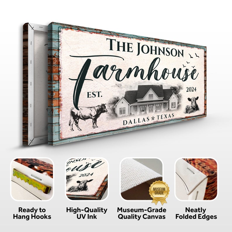 May include: A rectangular canvas print featuring a farmhouse design. The artwork includes the text "THE JOHNSON Farmhouse EST. 2024 DALLAS TEXAS" with illustrations of a cow, a farmhouse, and a calf. The print has a distressed, vintage aesthetic.