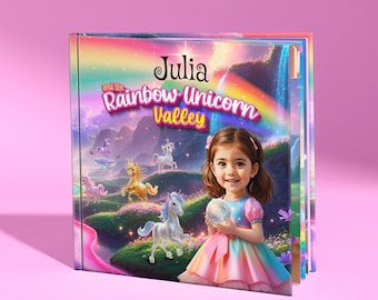 May include: A children's book titled "Julia and the Rainbow Unicorn Valley" features a vibrant cover with a rainbow, waterfalls, and unicorns. A young girl in a colorful dress is holding a glowing orb. The book's cover is predominantly pink, blue, and green.