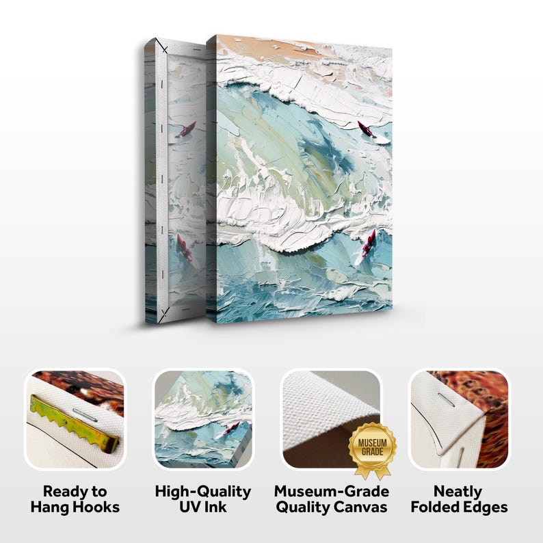 May include: An abstract ocean wave painting on canvas. The artwork features textured brushstrokes in shades of blue, white, and beige. The canvas is ready to hang with hooks and is made with high-quality UV ink and museum-grade quality canvas.