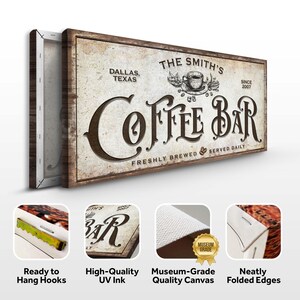 Może przedstawiać: W stylu vintage znak kawiarni z napisem "The Smith's Coffee Bar" w brązowych literach na białym tle. Znak jest oprawiony w drewno i zawiera napis "Dallas, Texas" oraz "Since 2007" mniejszymi literami. Znak zawiera r&oacute;wnież napis "Freshly Brewed Served Daily".