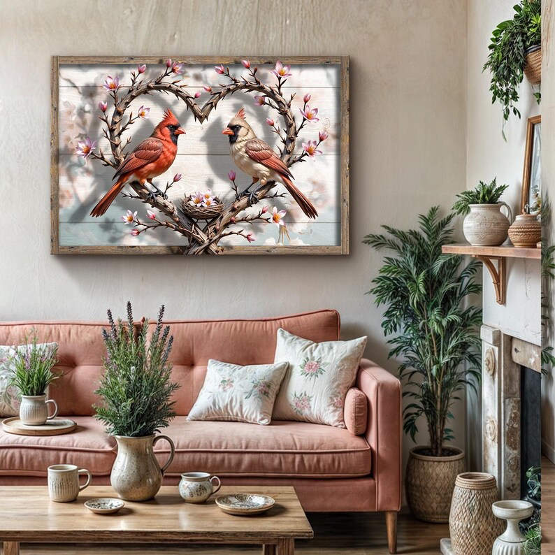 May include: A framed canvas print featuring a pair of red cardinals perched on a heart-shaped branch with pink blossoms. The cardinals are facing each other, creating a romantic scene.