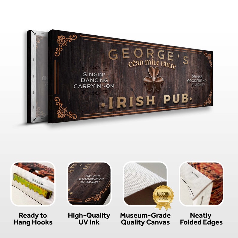 Puede incluir: Un letrero de madera con el texto "George's C&eacute;ad Mile F&aacute;ilte Irish Pub." El letrero tiene un fondo de madera marr&oacute;n con letras doradas y un dise&ntilde;o de tr&eacute;bol. El letrero est&aacute; listo para colgar con ganchos en la parte posterior.