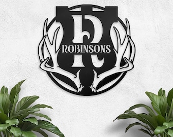 Metal Monogram Sign | Personalized Monogram Antler Metal Sign | Hunting Monogram Wall Decor | Deer Hunter Gift | WEATHERPROOF METAL Sign