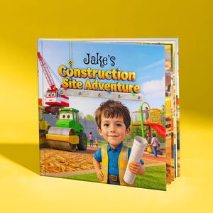 Könnte beinhalten: Ein Kinderbuch mit dem Titel "Jakes Construction Site Adventure" zeigt einen lächelnden Jungen, der Baupläne hält. Das Cover zeigt Baumaschinen, einen Spielplatz und einen blauen Himmel. Das Buch ist vor einem gelben Hintergrund platziert.