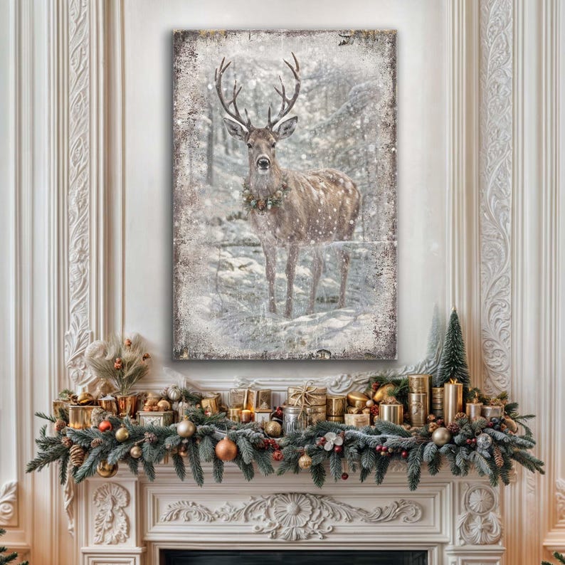 Vintage Winter Deer Christmas Wall Art | Rustic Woodland Holiday Decor ...
