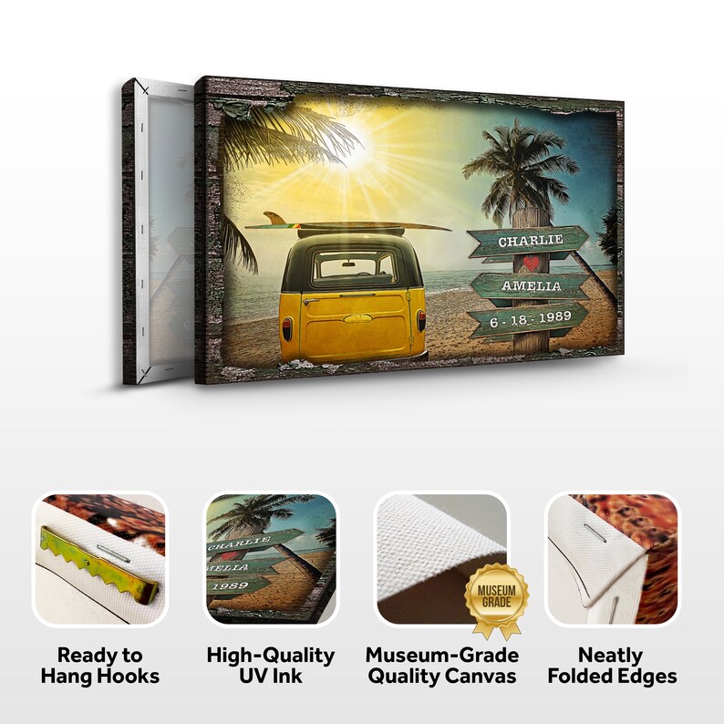 May include: A vintage-style canvas print featuring a yellow van with a surfboard on top, parked on a beach with palm trees and a sign that reads "CHARLIE", "AMELIA", and "6-18-1989". The print has a distressed woodgrain background and is ready to hang with hooks.