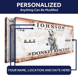 May include: A white canvas print with a rustic, distressed look. It features a donkey illustration, the text "EST JOHNSON EL PASO, TEXAS 2010 DONKEY RESCUE", and a star.