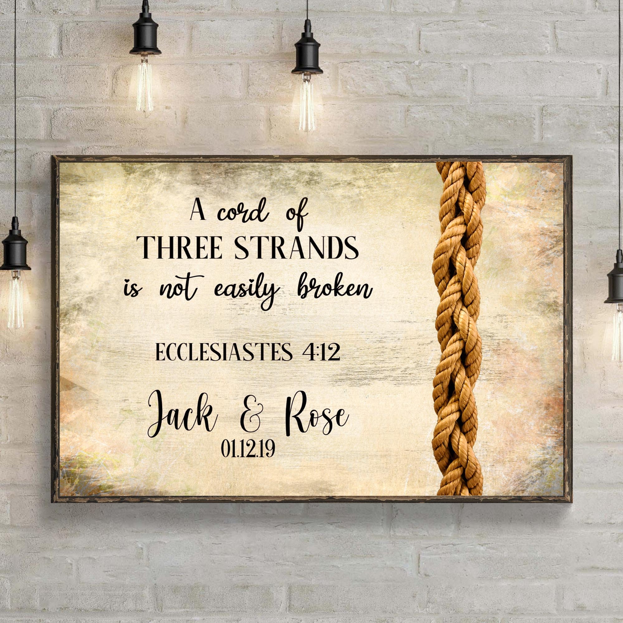 Three String Cord Scripture A Cord of Three Strands | Christian Wedding Sign | Bible Verse Wall Art ...