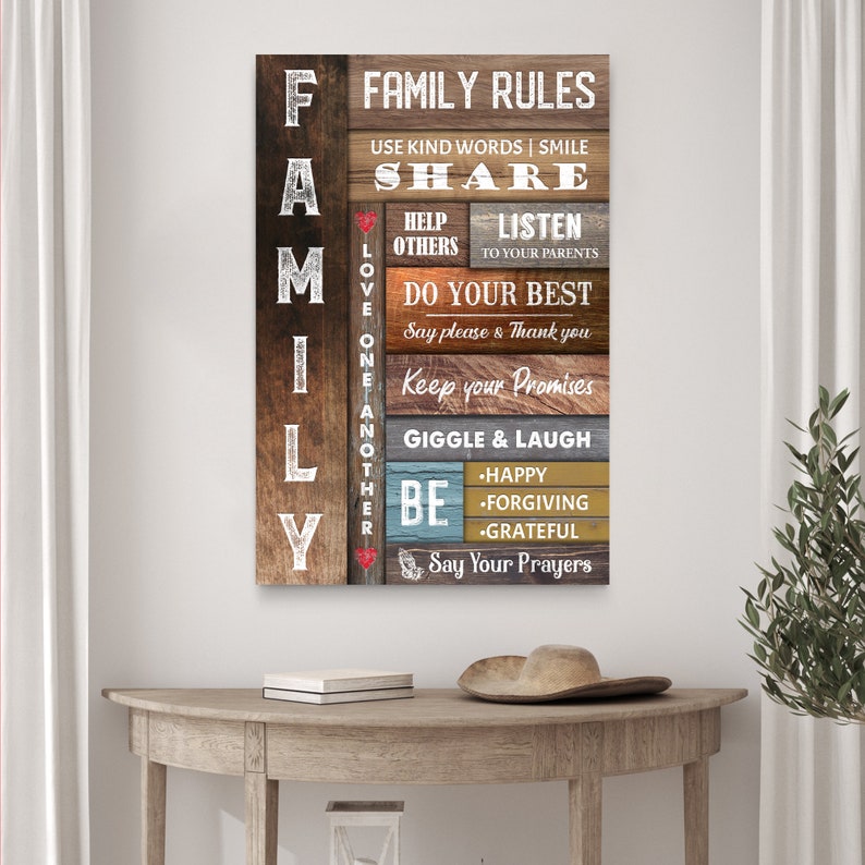 A farmhouse canvas sign with set of family rules on a wooden-inspired background.