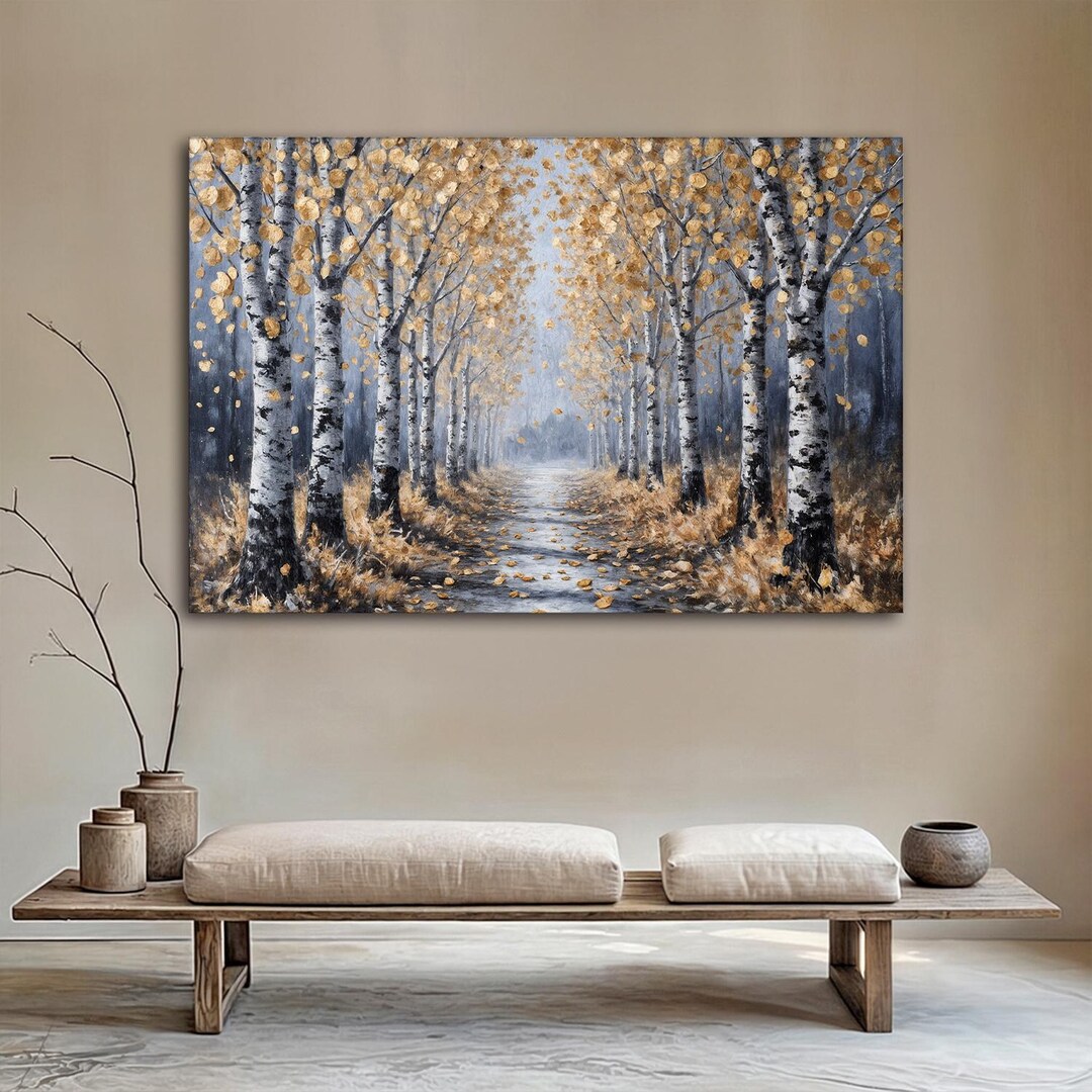 Golden Autumn Forest Path Wall Art | Gold Tree Forest Wall Art Canvas ...