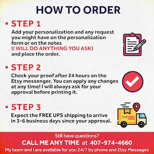 Puede incluir: Un gr&aacute;fico rojo, blanco y azul con instrucciones sobre c&oacute;mo pedir un lienzo personalizado. El gr&aacute;fico incluye una lista de verificaci&oacute;n con tres pasos, un l&aacute;piz y papel, una marca de verificaci&oacute;n y un cami&oacute;n de reparto. El texto dice "HOW TO ORDER", "STEP 1", "STEP 2", "STEP 3", "(I WILL DO ANYTHING YOU ASK)", "CALL ME ANY TIME at 407-974-4660", "My team and I are available for you 24/7 by phone and Etsy Messages".