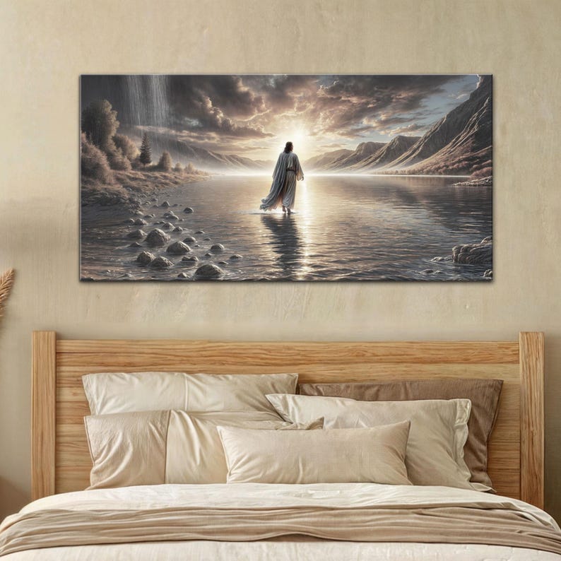 May include: A painting of a man in a white robe walking on water towards a bright light in the distance. The water is calm and the sky is cloudy. The man is walking on a path of stones.