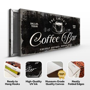 May include: A black and white canvas print featuring a vintage coffee bar sign. The sign reads "The Smith's Coffee Bar, Dallas, Texas, Since 2018, Freshly Brewed, Served Daily".