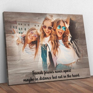 May include: Three friends smiling and wearing sunglasses, with a woodgrain background and the text "Friends forever never apart maybe in distance but not in the heart."