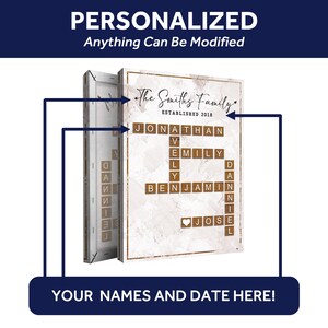 May include: A personalized canvas print with a white background and a brown wood-look border. The print features a crossword puzzle with the names "Jonathan", "Emily", "Benjamin", and "Jose" spelled out. The text "The Smiths Family Established 2018" is at the top of the print.